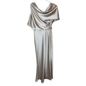 Amsale Dress Womens 6 Beige Satin Cowl Neck Cape Maxi Sheath Gown Formal Wedding